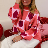 Pink Plus Size Heart Checkered Colorblock Lantern Sleeve Sweater