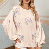 Light Pink Sweet Bow Lantern Sleeve Oversized Pullover Sweatshirt