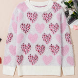 Pink Heart Leopard Print Pearled Ribbed Trim Fuzzy Sweater