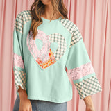 Beige Plaid Floral Patchwork Heart Long Sleeve Top