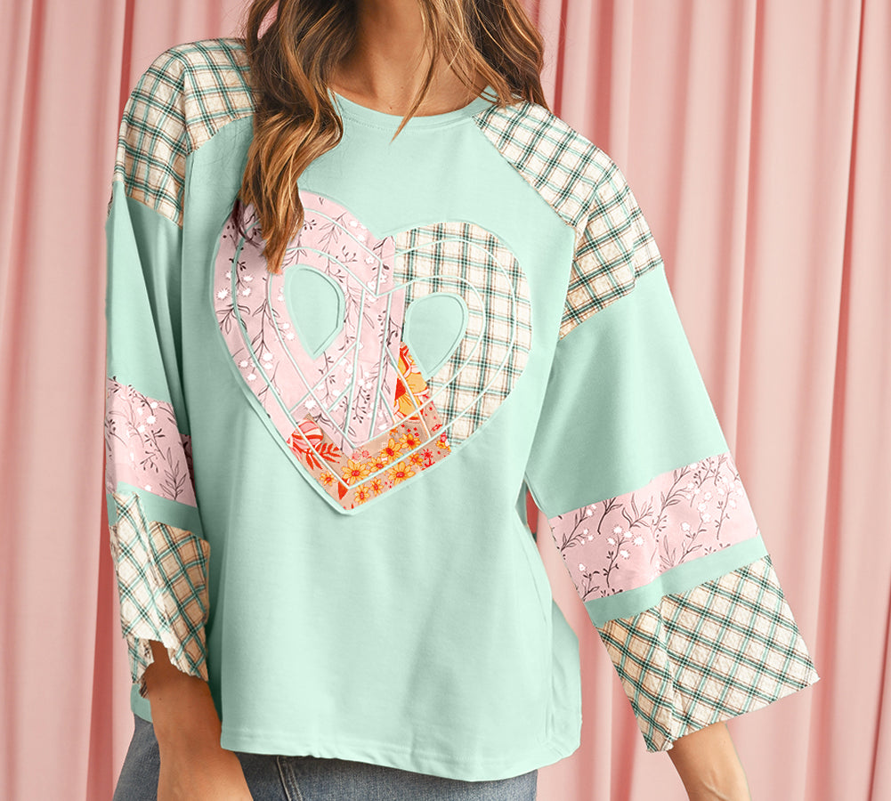 Beige Plaid Floral Patchwork Heart Long Sleeve Top