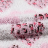 Pink Heart Leopard Print Pearled Ribbed Trim Fuzzy Sweater