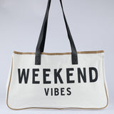 White Casual Letter Print Contrast Binding Canvas Tote Bag