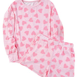 Pink Heart Print Long Sleeve Top and Shorts Loungewear Set