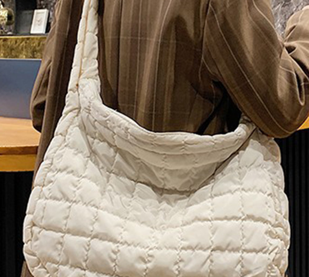 Light French Beige Quilted Zipper Large Shoulder Bag