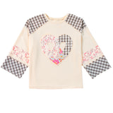 Beige Plaid Floral Patchwork Heart Long Sleeve Top