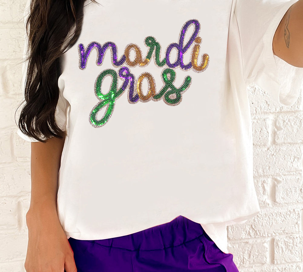 White Sequin mardi gras Letter Print Crewneck Tee