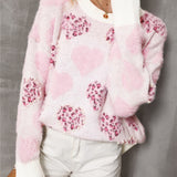 Pink Heart Leopard Print Pearled Ribbed Trim Fuzzy Sweater