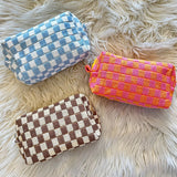 Black Checkered Knitted Zipper Makeup Bag