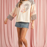 Beige Plaid Floral Patchwork Heart Long Sleeve Top