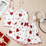 White Valentines Heart Print Spaghetti Cami and Shorts Pajama Set