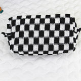 Black Checkered Knitted Zipper Makeup Bag