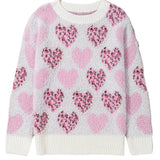 Pink Heart Leopard Print Pearled Ribbed Trim Fuzzy Sweater