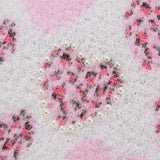 Pink Heart Leopard Print Pearled Ribbed Trim Fuzzy Sweater