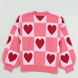 Pink Plus Size Heart Checkered Colorblock Lantern Sleeve Sweater