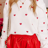 Rose Red Heart Pattern Drop Shoulder Round Neck Sweater