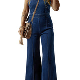 Sail Blue Seamed Zipper Spaghetti Strap High Waist Flared Jumpsuit