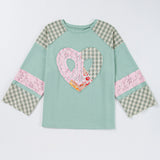 Beige Plaid Floral Patchwork Heart Long Sleeve Top