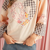 Beige Plaid Floral Patchwork Heart Long Sleeve Top