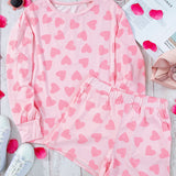 Pink Heart Print Long Sleeve Top and Shorts Loungewear Set