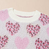 Pink Heart Leopard Print Pearled Ribbed Trim Fuzzy Sweater