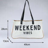 White Casual Letter Print Contrast Binding Canvas Tote Bag