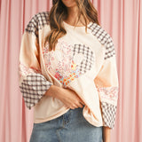 Beige Plaid Floral Patchwork Heart Long Sleeve Top