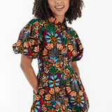 Multicolour Bohemian Floral Bubble Sleeve Dress