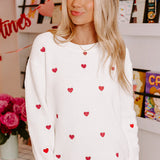 Rose Red Heart Pattern Drop Shoulder Round Neck Sweater