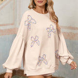 Light Pink Sweet Bow Lantern Sleeve Oversized Pullover Sweatshirt