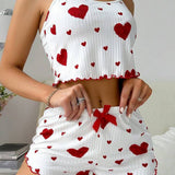 White Valentines Heart Print Spaghetti Cami and Shorts Pajama Set