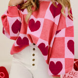 Pink Plus Size Heart Checkered Colorblock Lantern Sleeve Sweater