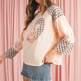 Beige Plaid Floral Patchwork Heart Long Sleeve Top