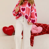 Pink Plus Size Heart Checkered Colorblock Lantern Sleeve Sweater