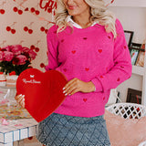 Rose Red Heart Pattern Drop Shoulder Round Neck Sweater