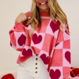 Pink Plus Size Heart Checkered Colorblock Lantern Sleeve Sweater