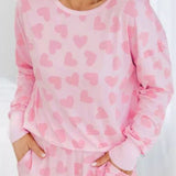 Pink Heart Print Long Sleeve Top and Shorts Loungewear Set