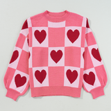 Pink Plus Size Heart Checkered Colorblock Lantern Sleeve Sweater