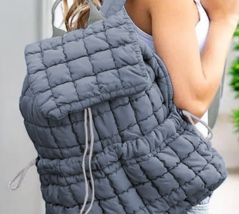 Black Solid Flapped Quilted Puffer Backpack