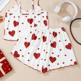 White Valentines Heart Print Spaghetti Cami and Shorts Pajama Set