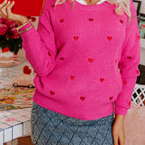 Rose Red Heart Pattern Drop Shoulder Round Neck Sweater