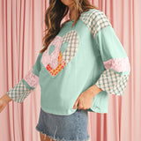 Beige Plaid Floral Patchwork Heart Long Sleeve Top