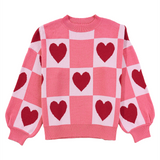 Pink Plus Size Heart Checkered Colorblock Lantern Sleeve Sweater