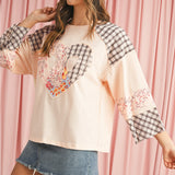 Beige Plaid Floral Patchwork Heart Long Sleeve Top