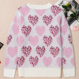 Pink Heart Leopard Print Pearled Ribbed Trim Fuzzy Sweater