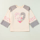 Beige Plaid Floral Patchwork Heart Long Sleeve Top