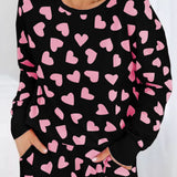 Pink Heart Print Long Sleeve Top and Shorts Loungewear Set