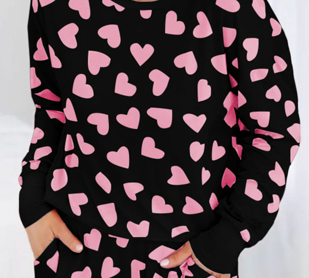 Pink Heart Print Long Sleeve Top and Shorts Loungewear Set