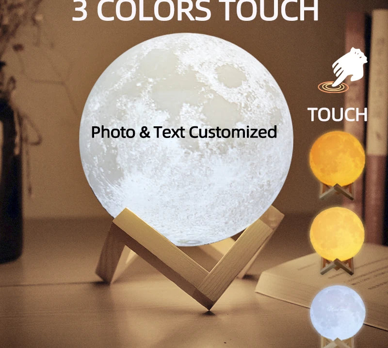 Personalized 3D Printing Moon Lamp Customized Photo Text Night Light USB Rechargeable Birthday Mother Day Lunar Christmas Gift