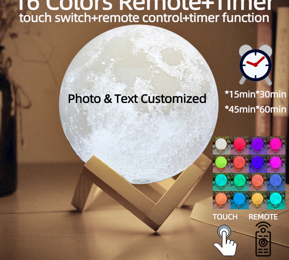 Personalized 3D Printing Moon Lamp Customized Photo Text Night Light USB Rechargeable Birthday Mother Day Lunar Christmas Gift